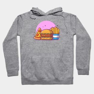 Burger with Slice of Pizza and French Fries Cartoon Vector Icon Illustration Hoodie